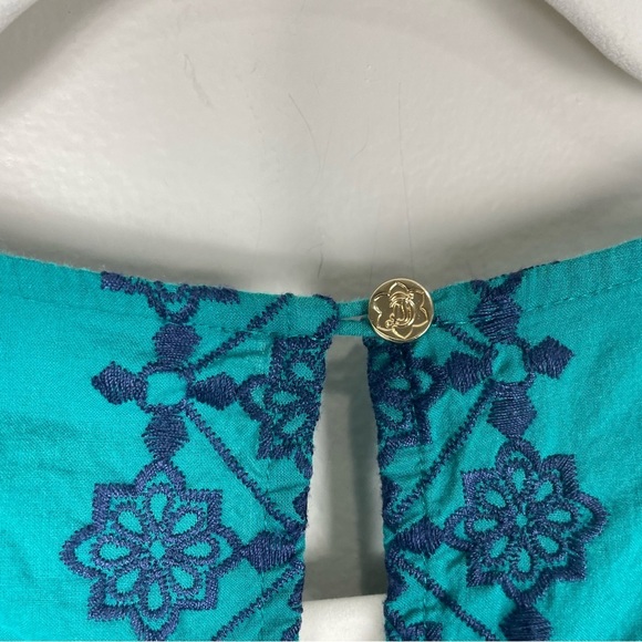 Draper James Womens14 Blouse Crewneck Short Sleeve Embroidered Floral Blue Green - Picture 4 of 7